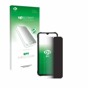 Parte frontal de un envase de producto con el logotipo de la marca upscreen. Al lado se muestra el dispositivo Oukitel WP36 co