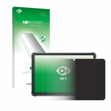 Parte frontal de un envase de producto con el logotipo de la marca upscreen. Al lado se muestra el dispositivo Oukitel RT8 con