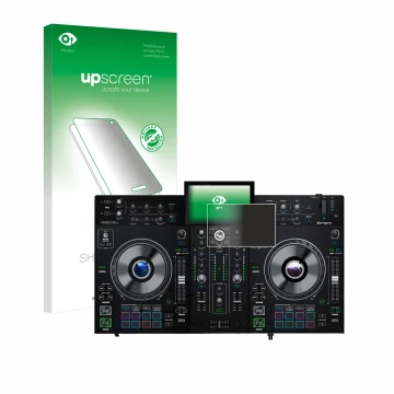 Parte frontal de un envase de producto con el logotipo de la marca upscreen. Al lado se muestra el dispositivo Denon DJ Prime 