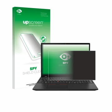 Parte frontal de un envase de producto con el logotipo de la marca upscreen. Al lado se muestra el dispositivo Lenovo ThinkPad
