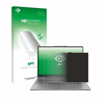 Parte frontal de un envase de producto con el logotipo de la marca upscreen. Al lado se muestra el dispositivo Lenovo IdeaPad 