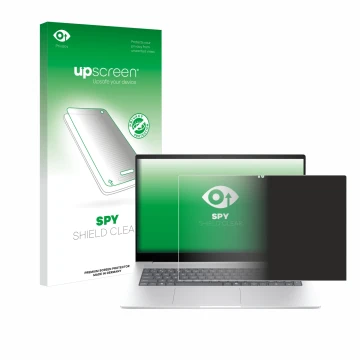 Parte frontal de un envase de producto con el logotipo de la marca upscreen. Al lado se muestra el dispositivo HP Envy 17 2024