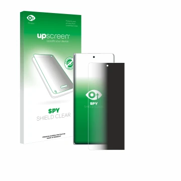 Parte frontal de un envase de producto con el logotipo de la marca upscreen. Al lado se muestra el dispositivo Vivo X Fold3 co