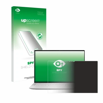 Parte frontal de un envase de producto con el logotipo de la marca upscreen. Al lado se muestra el dispositivo Dell XPS 14 944