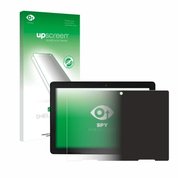 Parte frontal de un envase de producto con el logotipo de la marca upscreen. Al lado se muestra el dispositivo MEDION E10900 1