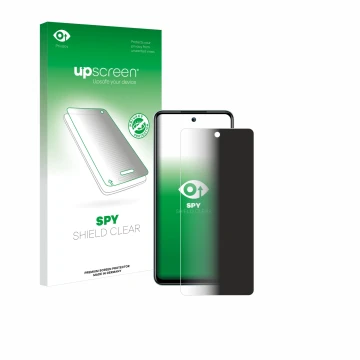 Parte frontal de un envase de producto con el logotipo de la marca upscreen. Al lado se muestra el dispositivo Itel S24 con su