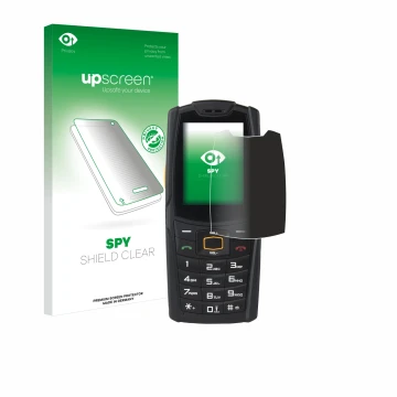 Parte frontal de un envase de producto con el logotipo de la marca upscreen. Al lado se muestra el dispositivo AGM M6 con su p