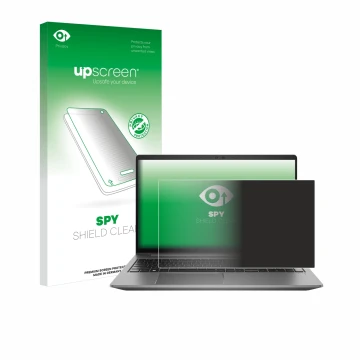 Parte frontal de un envase de producto con el logotipo de la marca upscreen. Al lado se muestra el dispositivo HP Zbook Power 