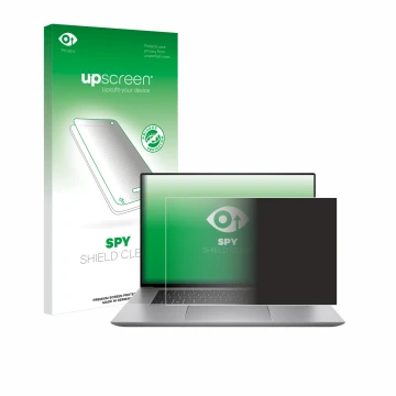 Parte frontal de un envase de producto con el logotipo de la marca upscreen. Al lado se muestra el dispositivo HP Zbook Studio