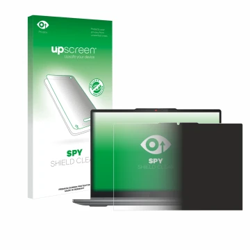 Parte frontal de un envase de producto con el logotipo de la marca upscreen. Al lado se muestra el dispositivo Lenovo IdeaPad 