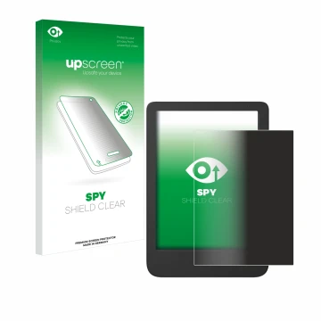 Parte frontal de un envase de producto con el logotipo de la marca upscreen. Al lado se muestra el dispositivo Tolino Shine 5 