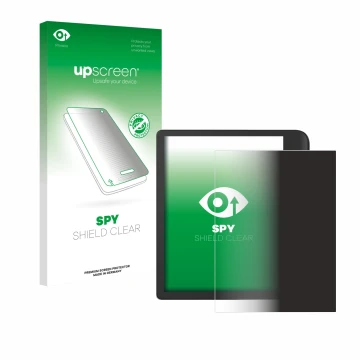 Parte frontal de un envase de producto con el logotipo de la marca upscreen. Al lado se muestra el dispositivo Tolino Vision C