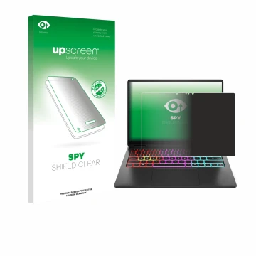 Parte frontal de un envase de producto con el logotipo de la marca upscreen. Al lado se muestra el dispositivo HP Omen Transce