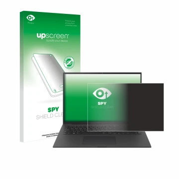 Parte frontal de un envase de producto con el logotipo de la marca upscreen. Al lado se muestra el dispositivo LG gram Pro 17 