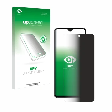 Parte frontal de un envase de producto con el logotipo de la marca upscreen. Al lado se muestra el dispositivo Honor 90 Smart 