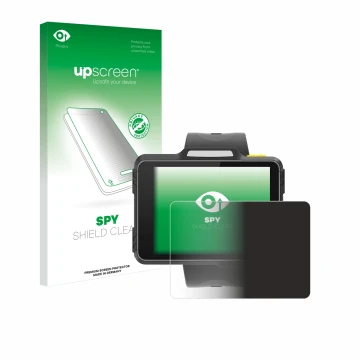 Parte frontal de un envase de producto con el logotipo de la marca upscreen. Al lado se muestra el dispositivo Newland WD1 con