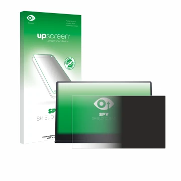 Parte frontal de un envase de producto con el logotipo de la marca upscreen. Al lado se muestra el dispositivo Dell P1424H con