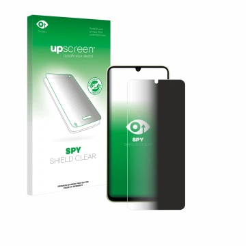 Parte frontal de un envase de producto con el logotipo de la marca upscreen. Al lado se muestra el dispositivo Samsung Galaxy 