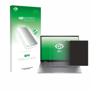 Parte frontal de un envase de producto con el logotipo de la marca upscreen. Al lado se muestra el dispositivo HP Envy x360 2-