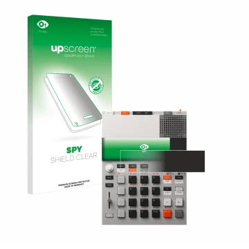 Parte frontal de un envase de producto con el logotipo de la marca upscreen. Al lado se muestra el dispositivo Teenage Enginee