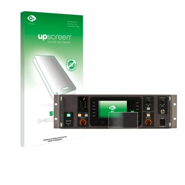 Parte frontal de un envase de producto con el logotipo de la marca upscreen. Al lado se muestra el dispositivo Behringer X32 R