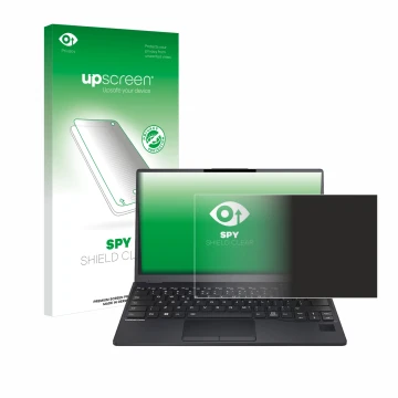 Parte frontal de un envase de producto con el logotipo de la marca upscreen. Al lado se muestra el dispositivo Fujitsu Lifeboo
