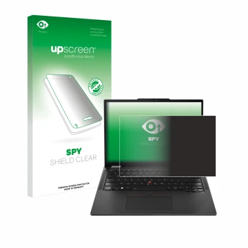 Parte frontal de un envase de producto con el logotipo de la marca upscreen. Al lado se muestra el dispositivo Lenovo ThinkPad