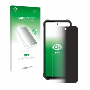 Parte frontal de un envase de producto con el logotipo de la marca upscreen. Al lado se muestra el dispositivo Oukitel WP27 co