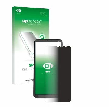 Parte frontal de un envase de producto con el logotipo de la marca upscreen. Al lado se muestra el dispositivo Brondi Amico XL