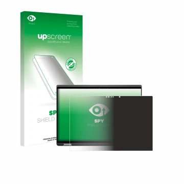 Parte frontal de un envase de producto con el logotipo de la marca upscreen. Al lado se muestra el dispositivo Dell Latitude 7