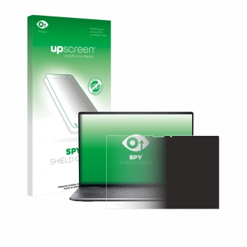 Parte frontal de un envase de producto con el logotipo de la marca upscreen. Al lado se muestra el dispositivo Dell Latitude 9