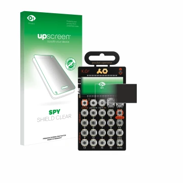 Parte frontal de un envase de producto con el logotipo de la marca upscreen. Al lado se muestra el dispositivo Teenage Enginee