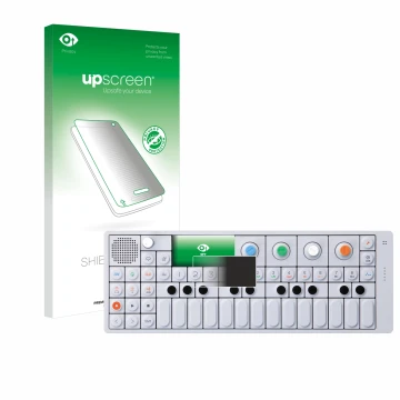 Parte frontal de un envase de producto con el logotipo de la marca upscreen. Al lado se muestra el dispositivo Teenage Enginee
