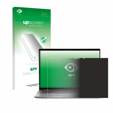 Parte frontal de un envase de producto con el logotipo de la marca upscreen. Al lado se muestra el dispositivo Dell Latitude 7