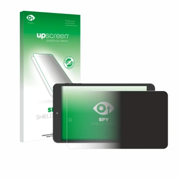 Parte frontal de un envase de producto con el logotipo de la marca upscreen. Al lado se muestra el dispositivo SZTPS Tablet 8