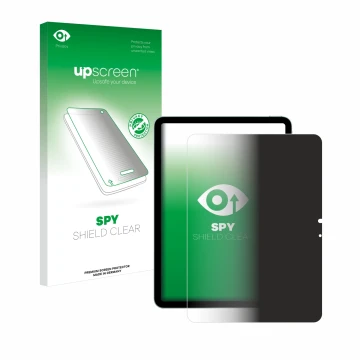 Parte frontal de un envase de producto con el logotipo de la marca upscreen. Al lado se muestra el dispositivo Apple iPad Air 