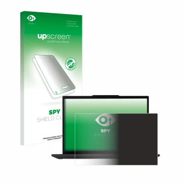 Parte frontal de un envase de producto con el logotipo de la marca upscreen. Al lado se muestra el dispositivo Lenovo ThinkPad