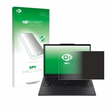 Parte frontal de un envase de producto con el logotipo de la marca upscreen. Al lado se muestra el dispositivo Lenovo ThinkPad