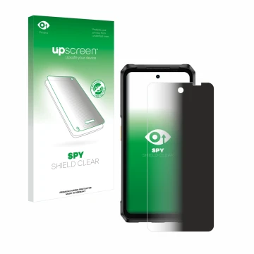 Parte frontal de un envase de producto con el logotipo de la marca upscreen. Al lado se muestra el dispositivo Ulefone Armor 2
