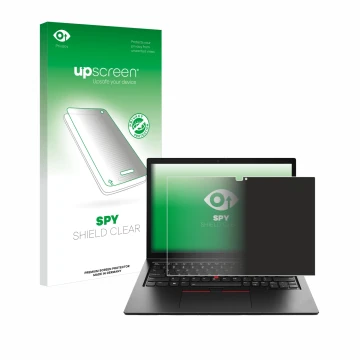 Parte frontal de un envase de producto con el logotipo de la marca upscreen. Al lado se muestra el dispositivo Lenovo ThinkPad