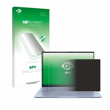 Parte frontal de un envase de producto con el logotipo de la marca upscreen. Al lado se muestra el dispositivo ASUS Vivobook S