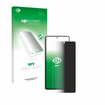 Parte frontal de un envase de producto con el logotipo de la marca upscreen. Al lado se muestra el dispositivo Xiaomi Poco F6 