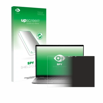 Parte frontal de un envase de producto con el logotipo de la marca upscreen. Al lado se muestra el dispositivo Dell Latitude 7