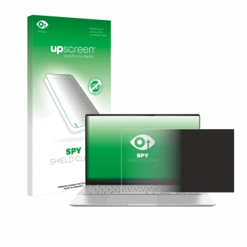 Parte frontal de un envase de producto con el logotipo de la marca upscreen. Al lado se muestra el dispositivo ASUS Vivobook S