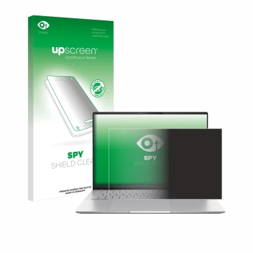 Parte frontal de un envase de producto con el logotipo de la marca upscreen. Al lado se muestra el dispositivo ASUS Vivobook S
