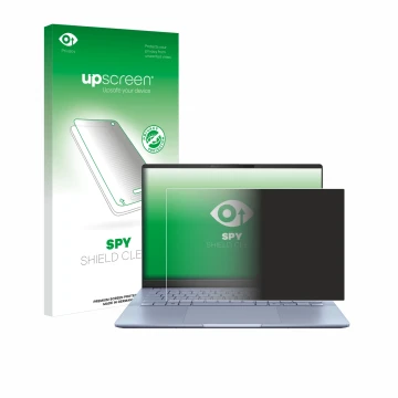 Parte frontal de un envase de producto con el logotipo de la marca upscreen. Al lado se muestra el dispositivo ASUS Vivobook S