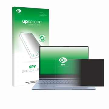 Parte frontal de un envase de producto con el logotipo de la marca upscreen. Al lado se muestra el dispositivo ASUS Vivobook S