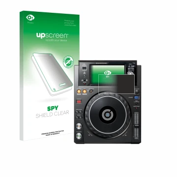 Parte frontal de un envase de producto con el logotipo de la marca upscreen. Al lado se muestra el dispositivo Pioneer XDJ -10