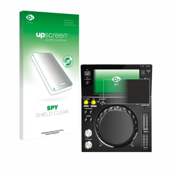Parte frontal de un envase de producto con el logotipo de la marca upscreen. Al lado se muestra el dispositivo Pioneer XDJ -70