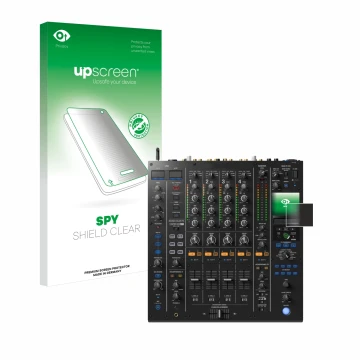 Parte frontal de un envase de producto con el logotipo de la marca upscreen. Al lado se muestra el dispositivo Pioneer DJM A9 